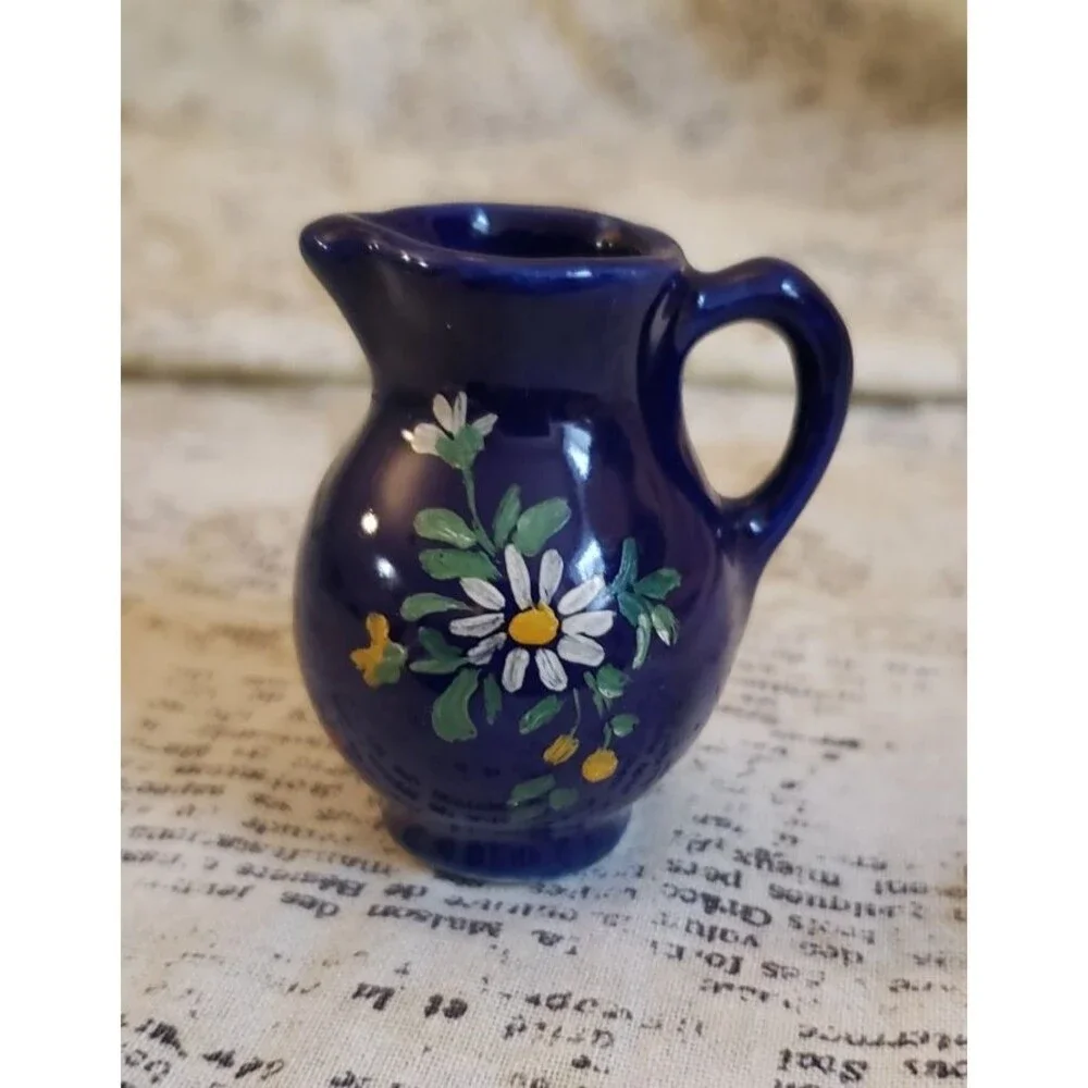 Artsy, Cottagecore - Vtg Miniature Blue Glazed Hand Painted Pitcher w/ Flowers
